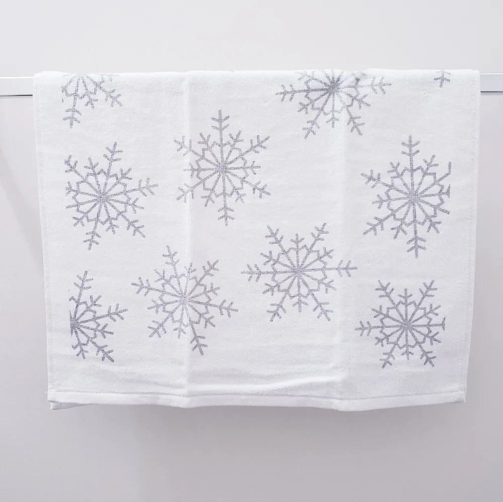 🆒️#0978-B ●NEW! Gray Snowflakes on White bkground Hang'N'Snap Towel GRAY SNAP